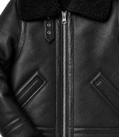 Men's Black Fur Lined Full Grain Leather Jacket Closeup - Jacket Aura