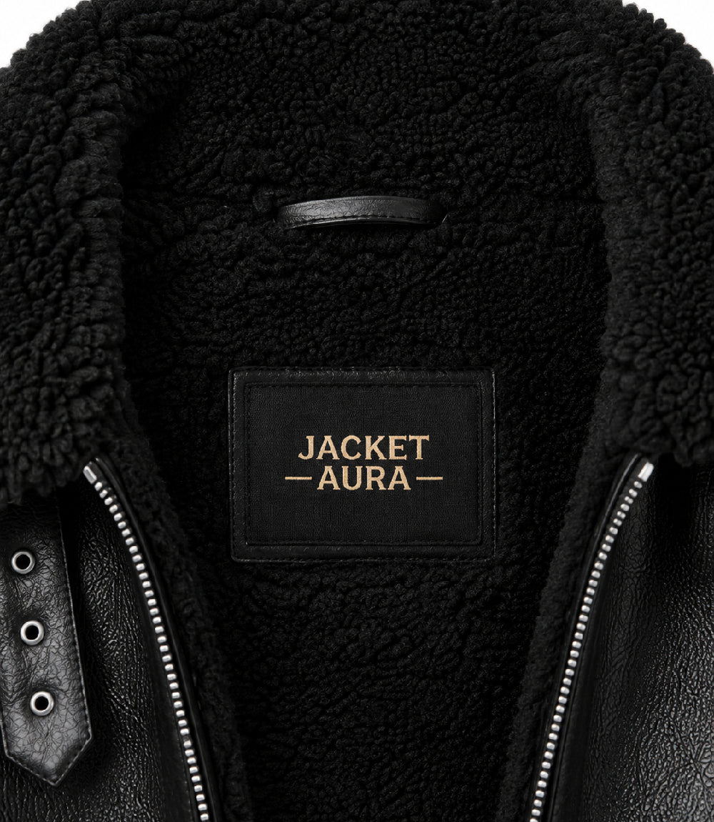 Men's Black Fur Lined Full Grain Leather Jacket Collar - Jacket Aura