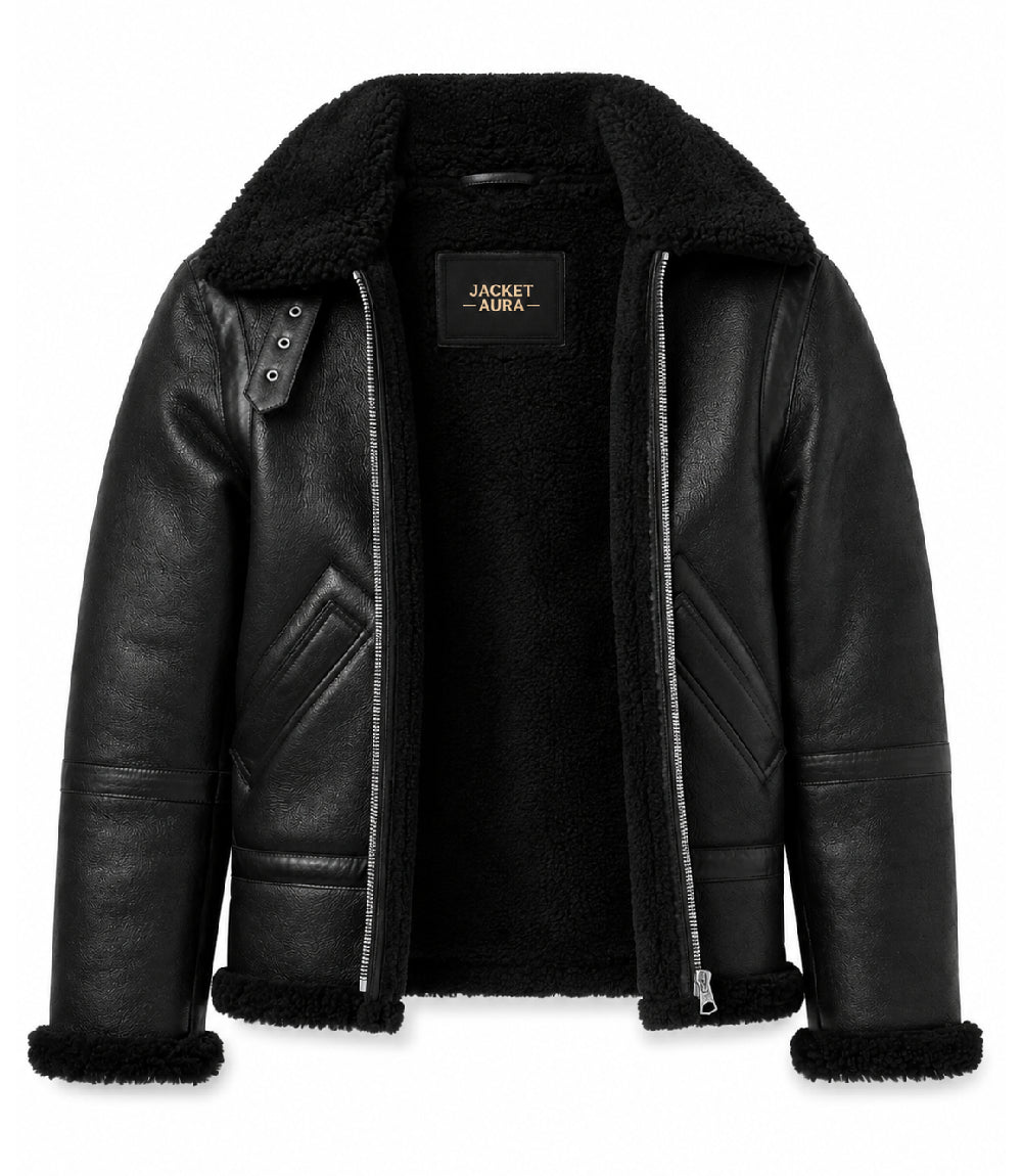 Men's Black Fur Lined Full Grain Leather Jacket Front - Jacket Aura