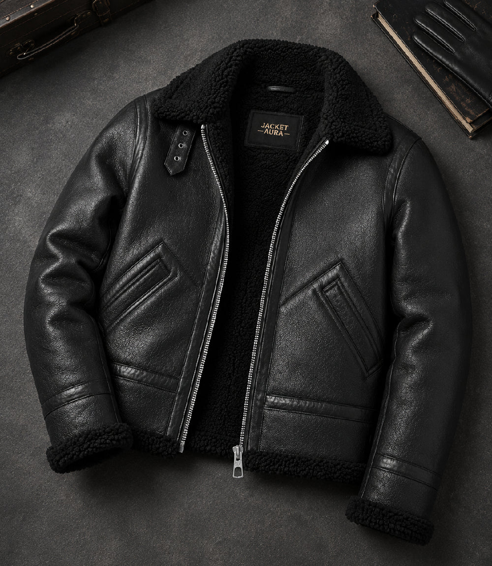 Men's Black Fur Lined Full Grain Leather Jacket Front View - Jacket Aura