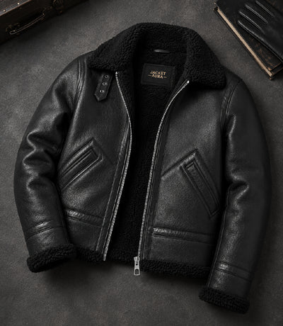 Men's Black Fur Lined Full Grain Leather Jacket Front View - Jacket Aura