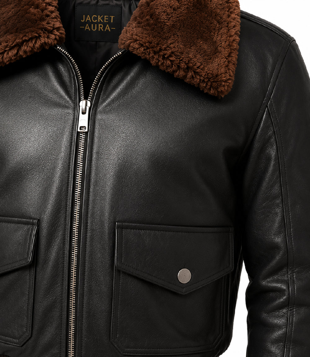 Men's Black G1 Aviator Leather Jacket Closeup - Jacket Aura