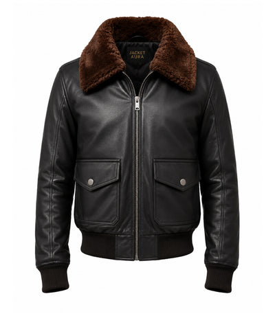 Men's Black G1 Aviator Leather Jacket Front - Jacket Aura