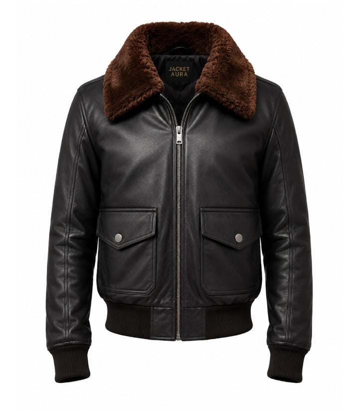 Men's Black G1 Aviator Leather Jacket Front - Jacket Aura