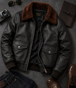 Men's Black G1 Aviator Leather Jacket Front View - Jacket Aura