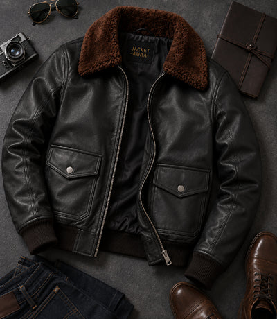 Men's Black G1 Aviator Leather Jacket Front View - Jacket Aura