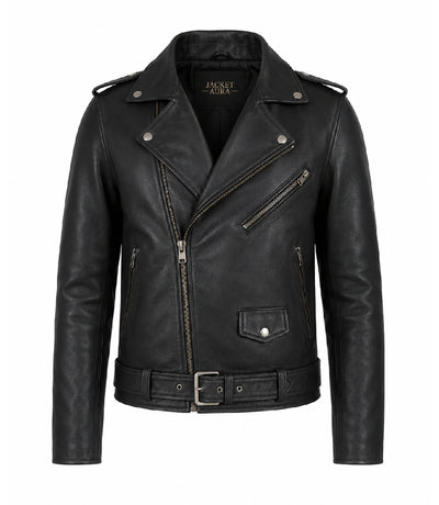  Men's Black Leather Biker Jacket - Jacket Aura