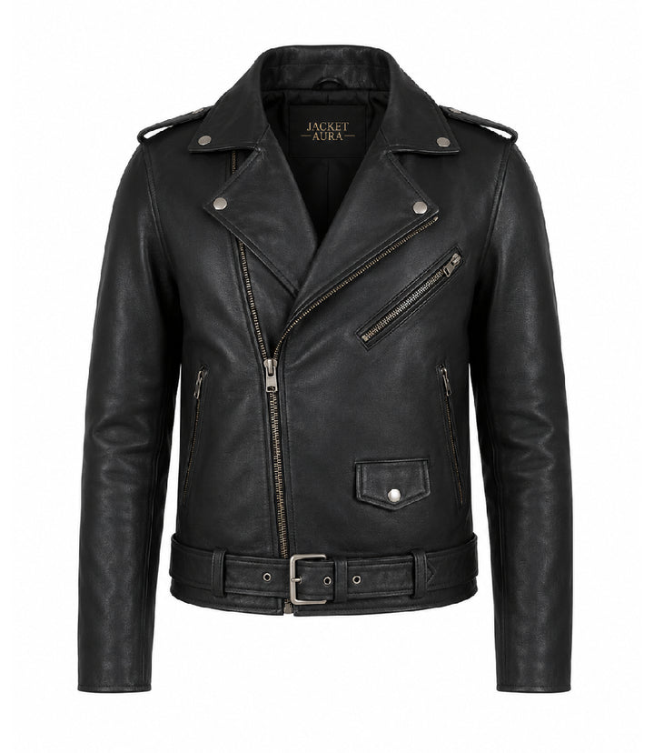  Men's Black Leather Biker Jacket - Jacket Aura