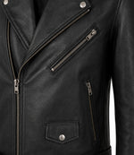 Men's Black Leather Biker Jacket Closeup - Jacket Aura