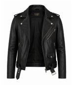 Men's Black Leather Biker Jacket Front - Jacket Aura