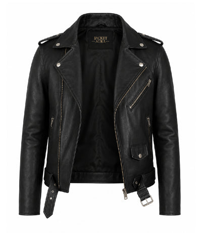 Men's Black Leather Biker Jacket Front - Jacket Aura