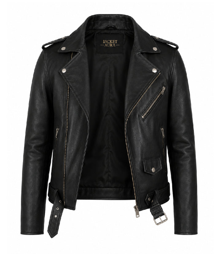 Men's Black Leather Biker Jacket Front - Jacket Aura