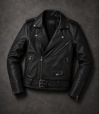 Men's Black Leather Biker Jacket Front View - Jacket Aura