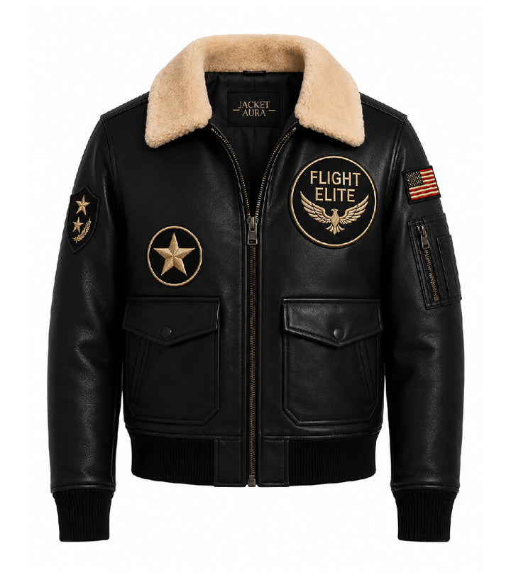Men's Black Leather Flight Aviator Jacket - Jacket Aura