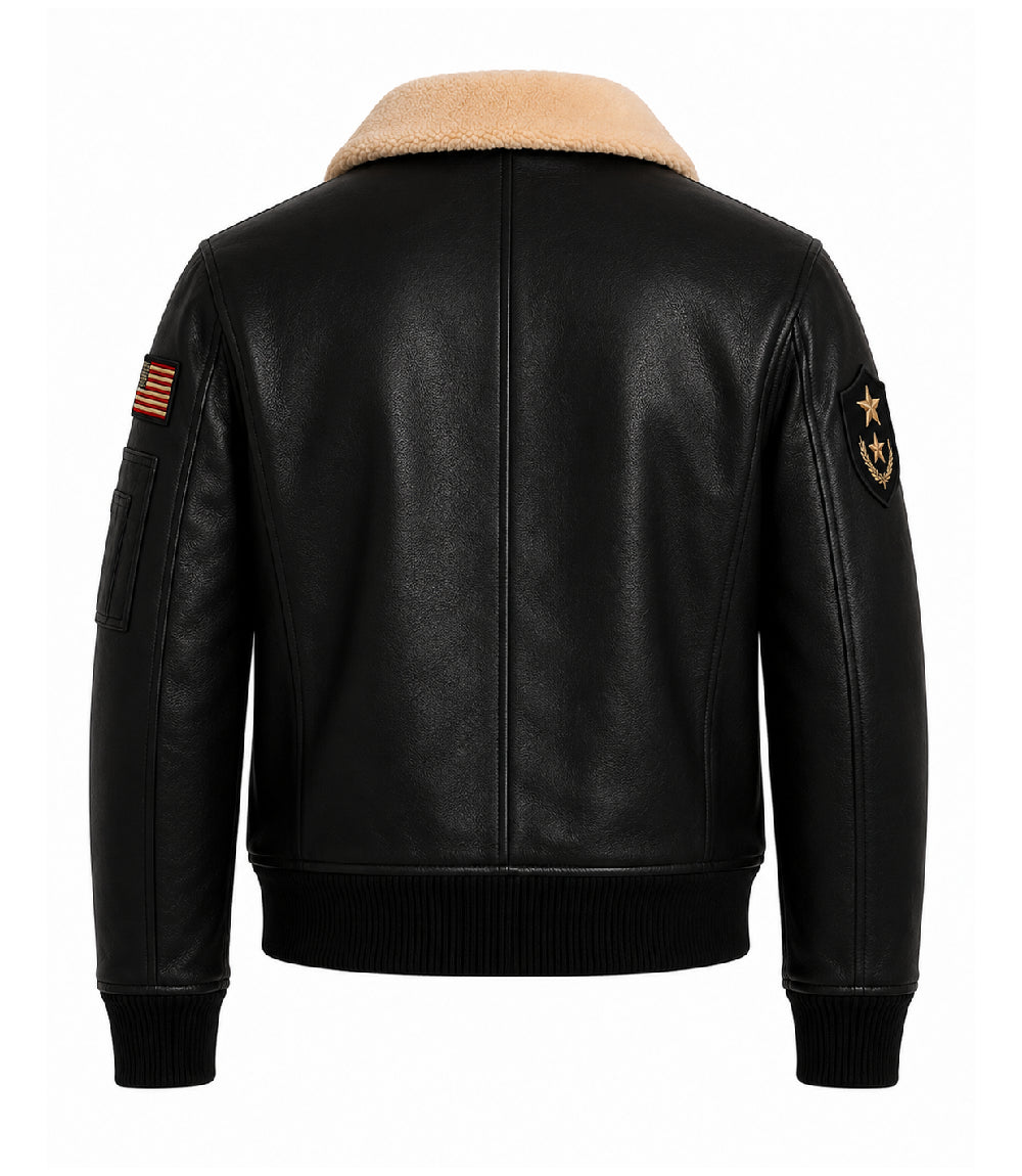 Men's Black Leather Flight Aviator Jacket Back - Jacket Aura