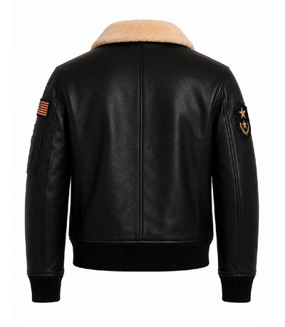 Men's Black Leather Flight Aviator Jacket Back - Jacket Aura