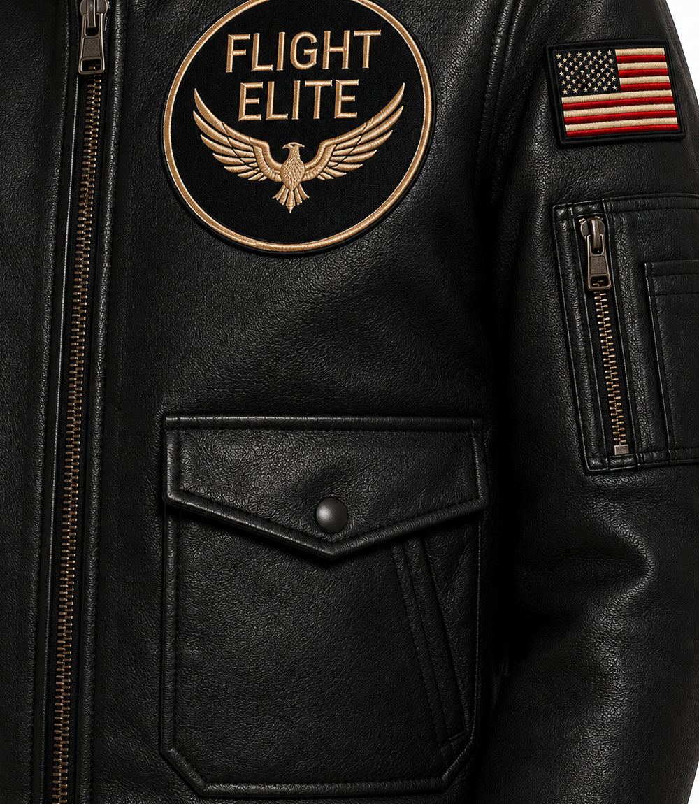 Men's Black Leather Flight Aviator Jacket Closeup - Jacket Aura
