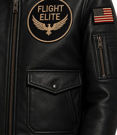 Men's Black Leather Flight Aviator Jacket Closeup - Jacket Aura