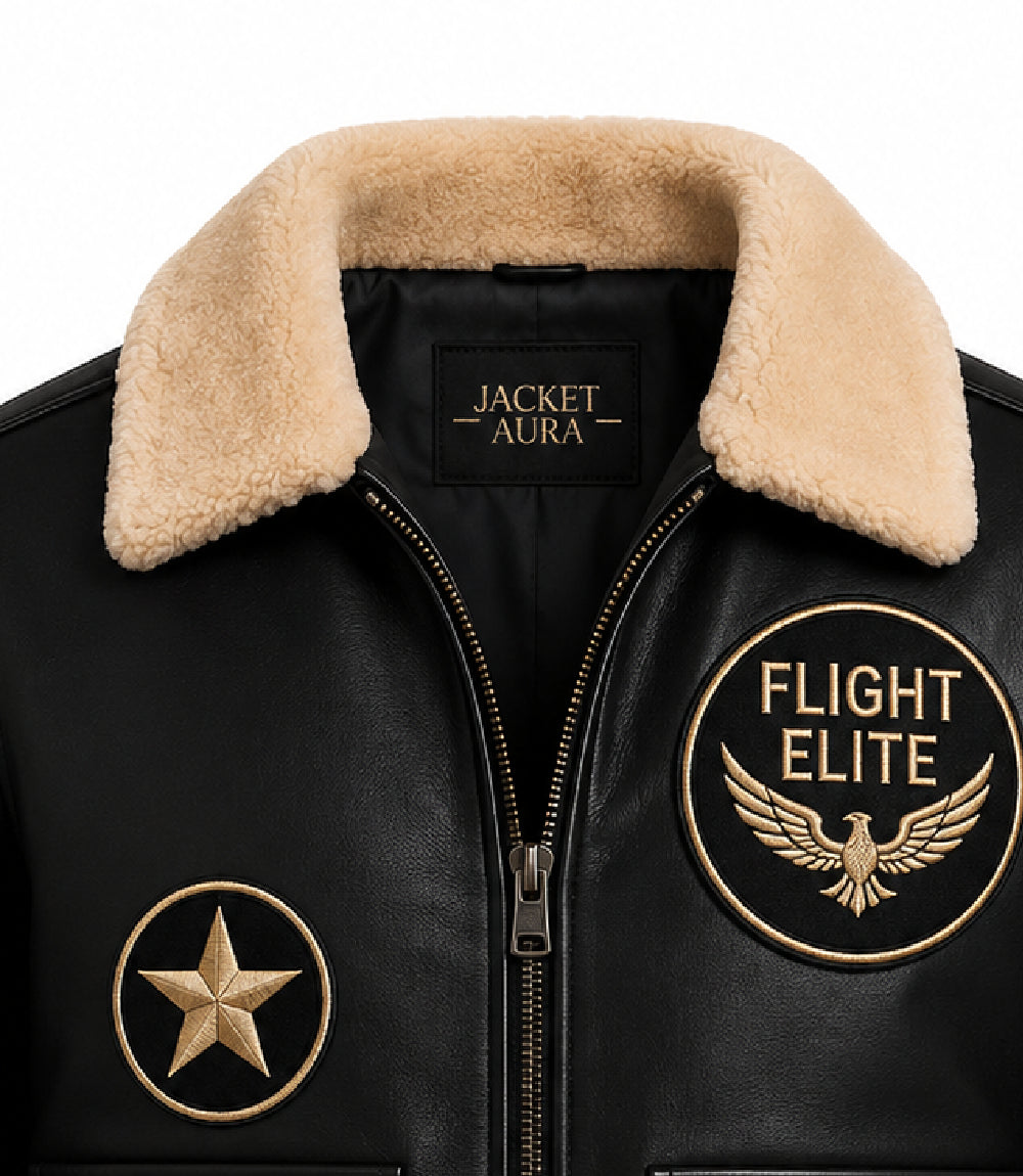 Men's Black Leather Flight Aviator Jacket Collar - Jacket Aura