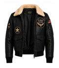 Men's Black Leather Flight Aviator Jacket Front - Jacket Aura