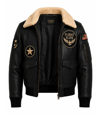 Men's Black Leather Flight Aviator Jacket Front - Jacket Aura