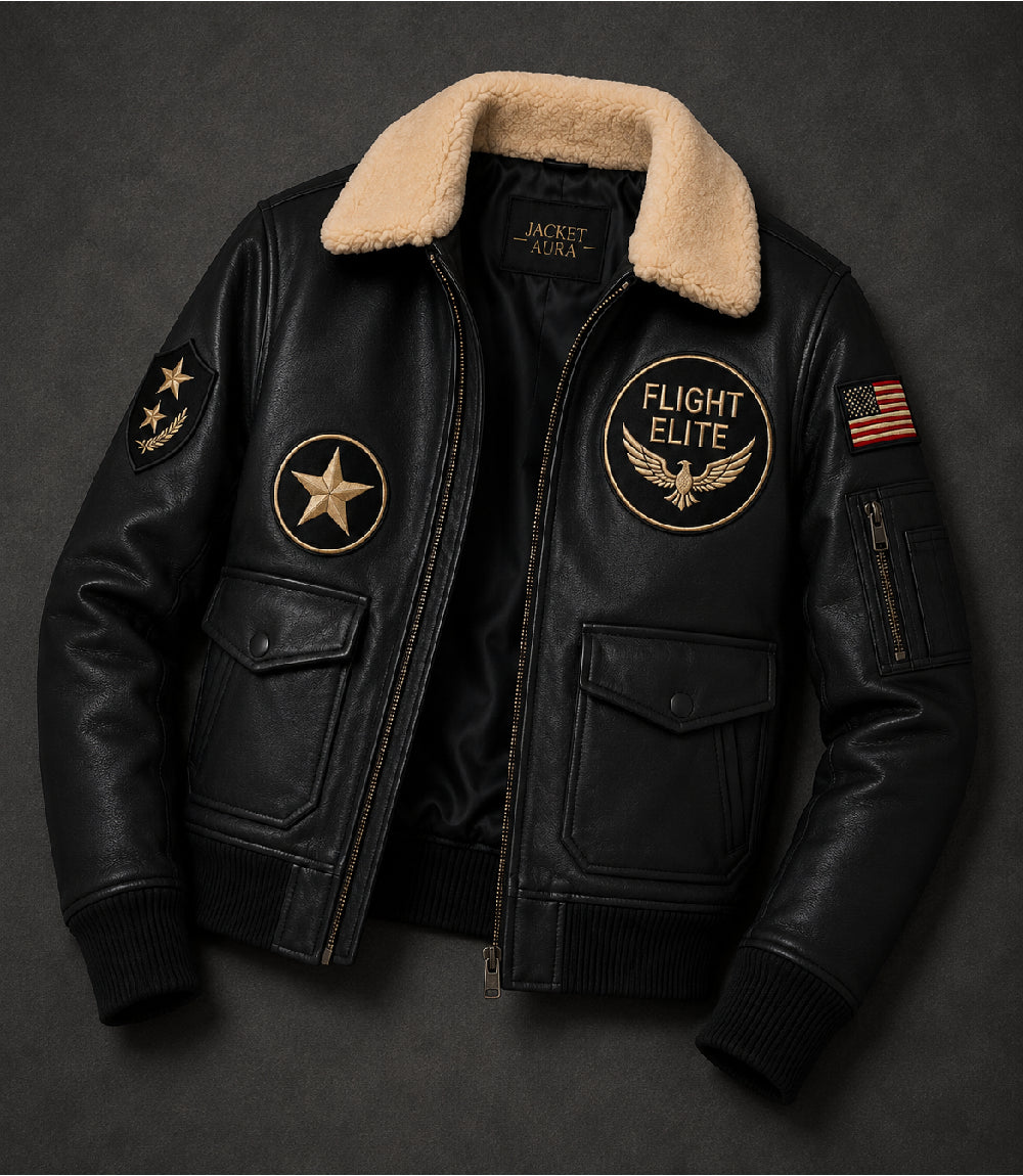 Men's Black Leather Flight Aviator Jacket Front View - Jacket Aura