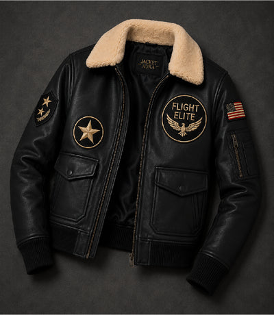 Men's Black Leather Flight Aviator Jacket Front View - Jacket Aura