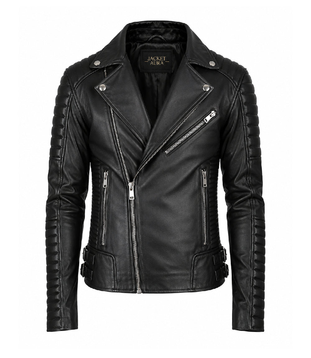 Men's Black Quilted Leather Biker Jacket - Jacket Aura