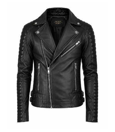 Men's Black Quilted Leather Biker Jacket - Jacket Aura