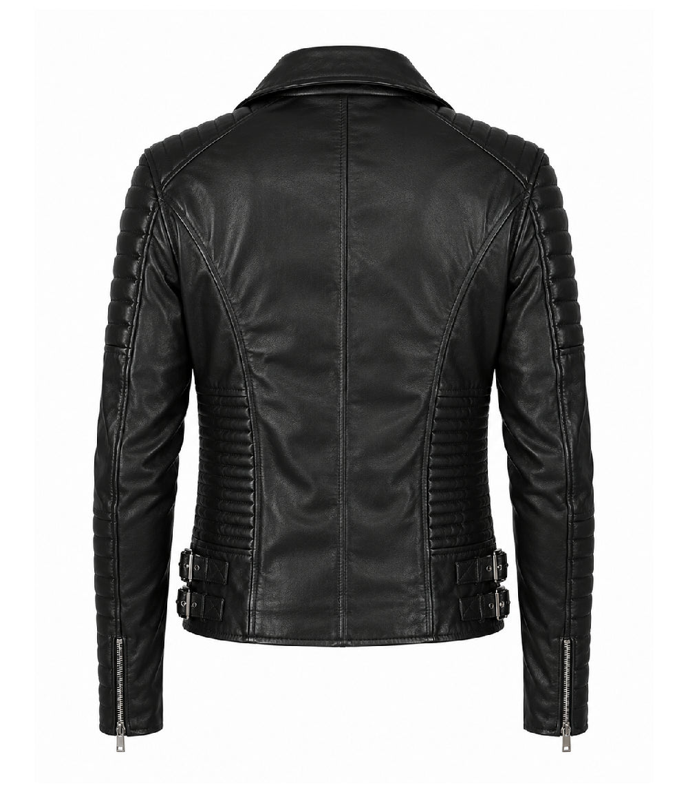 Men's Black Quilted Leather Biker Jacket Back - Jacket Aura