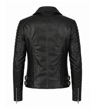 Men's Black Quilted Leather Biker Jacket Back - Jacket Aura