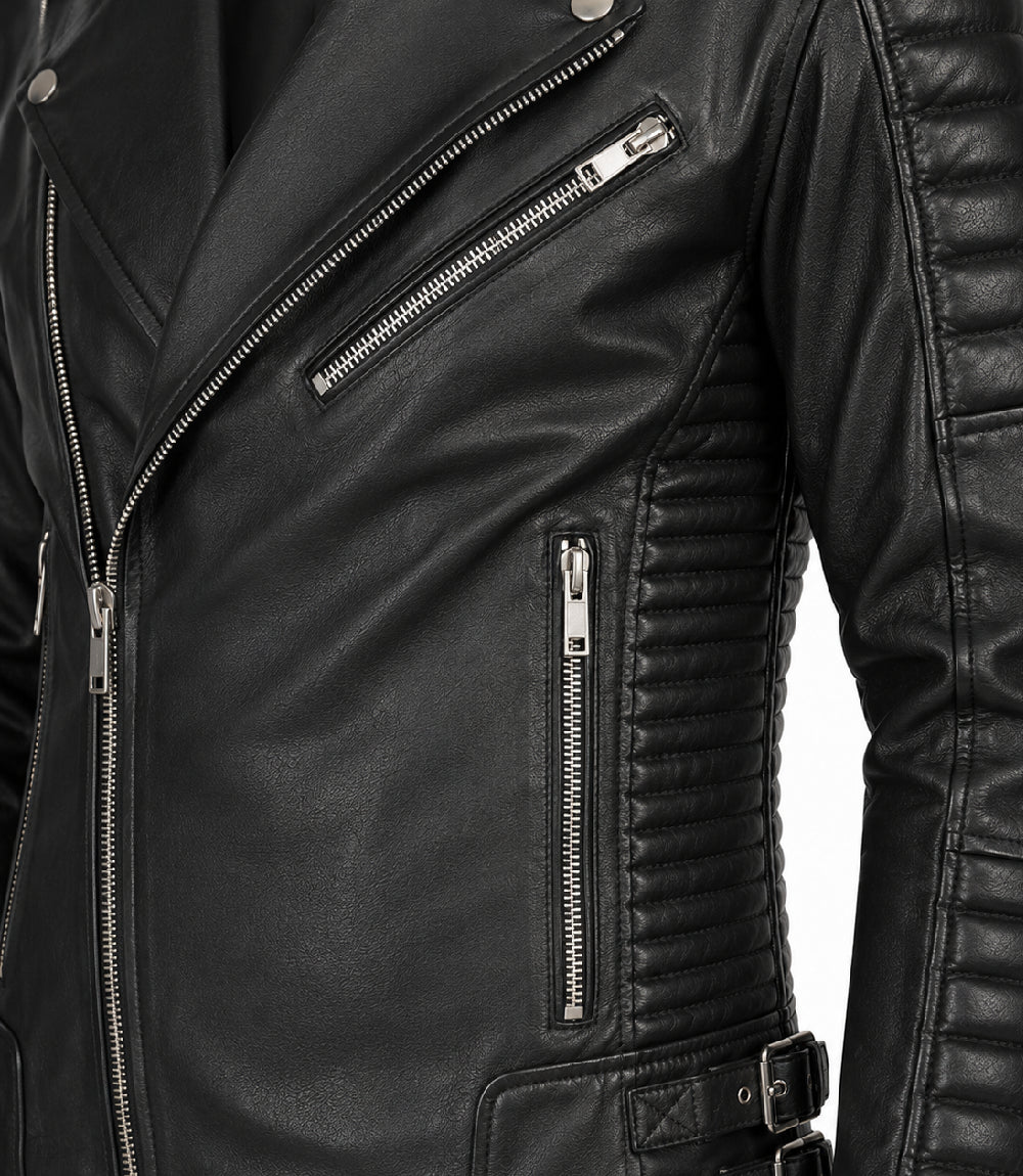 Men's Black Quilted Leather Biker Jacket Closeup - Jacket Aura