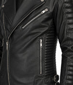 Men's Black Quilted Leather Biker Jacket Closeup - Jacket Aura