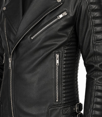 Men's Black Quilted Leather Biker Jacket Closeup - Jacket Aura