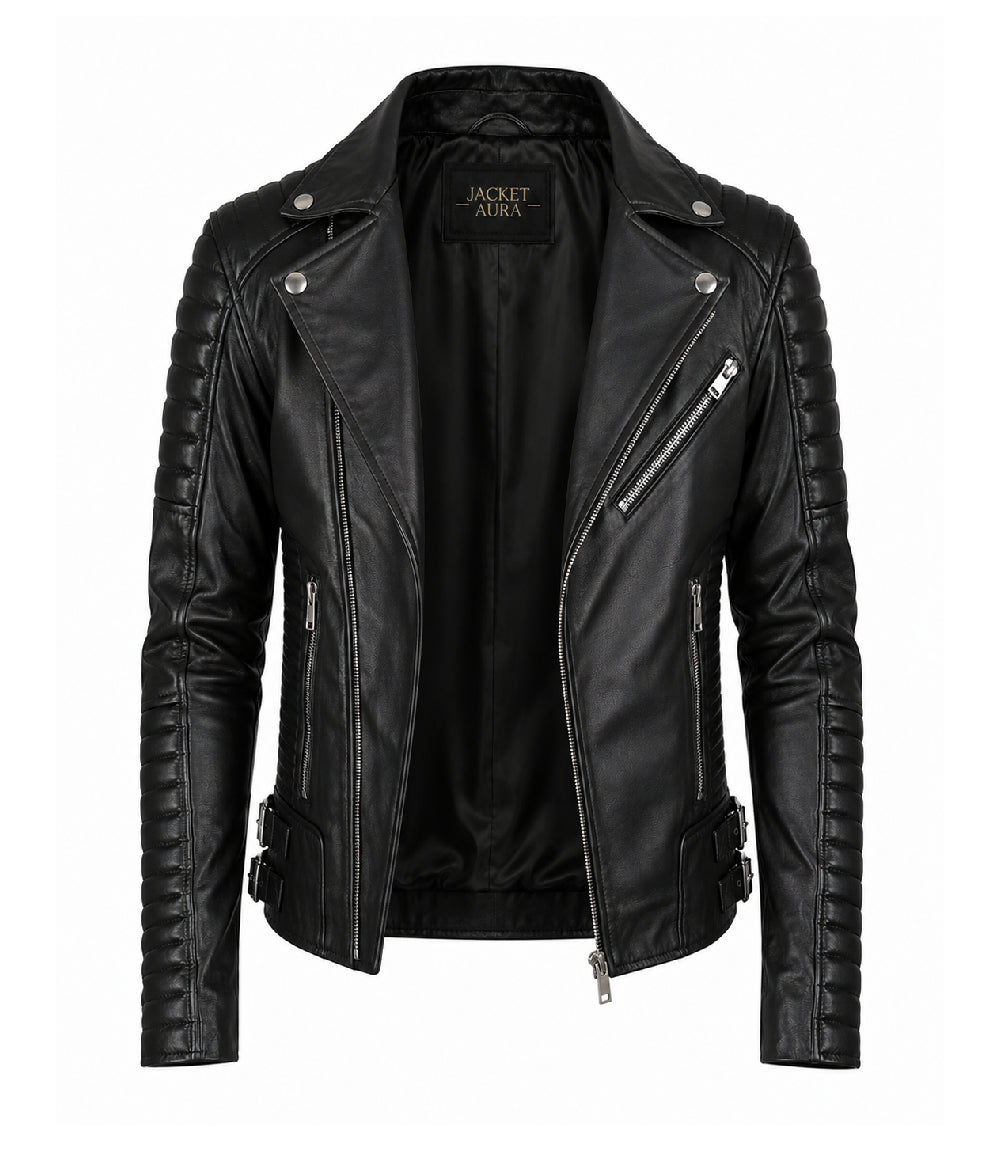 Men's Black Quilted Leather Biker Jacket Front - Jacket Aura