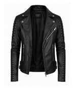 Men's Black Quilted Leather Biker Jacket Front - Jacket Aura