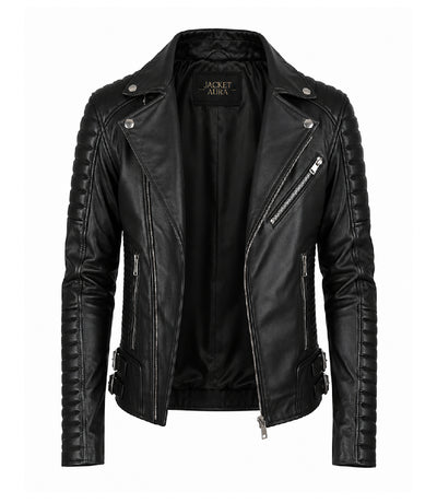 Men's Black Quilted Leather Biker Jacket Front - Jacket Aura