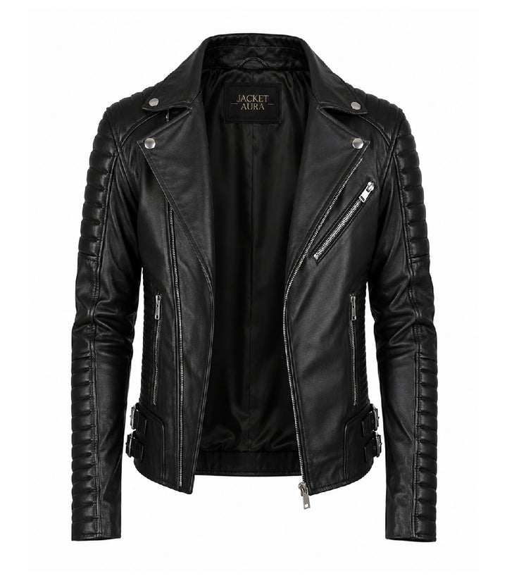 Men's Black Quilted Leather Biker Jacket Front - Jacket Aura