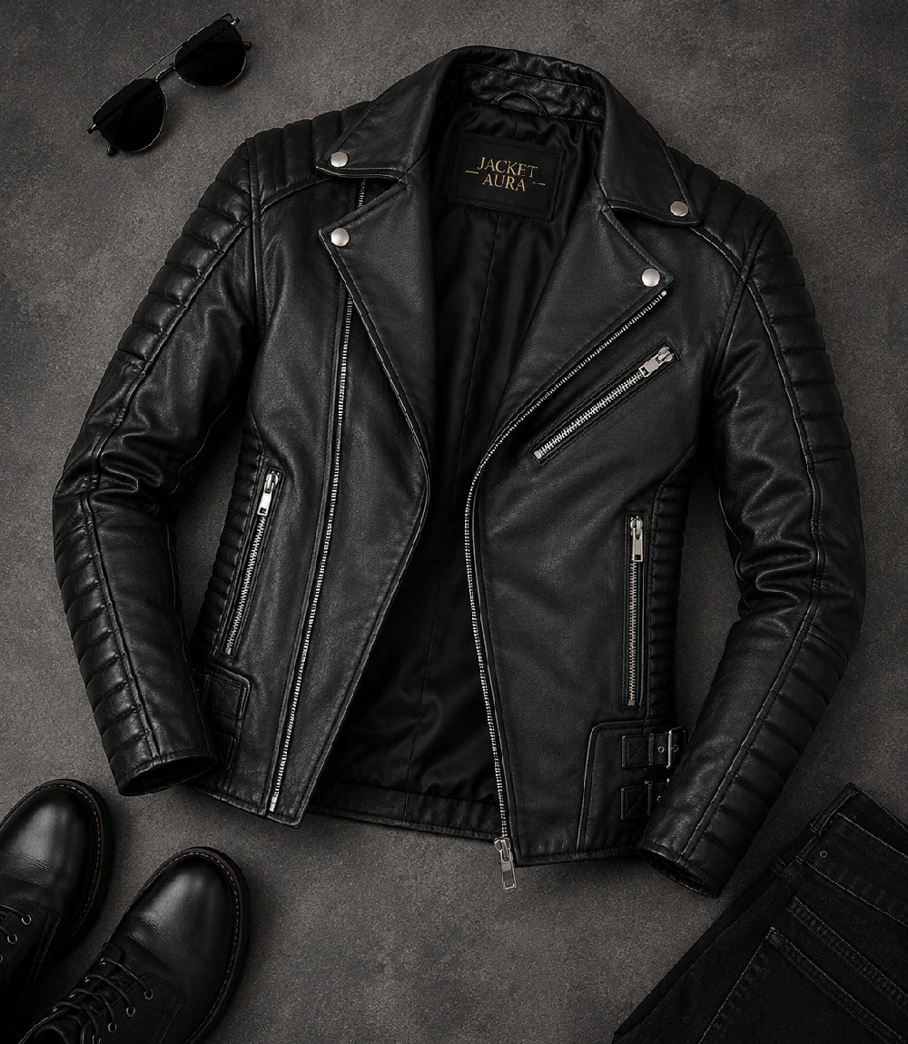 Men's Black Quilted Leather Biker Jacket Front View - Jacket Aura