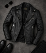 Men's Black Quilted Leather Biker Jacket Front View - Jacket Aura