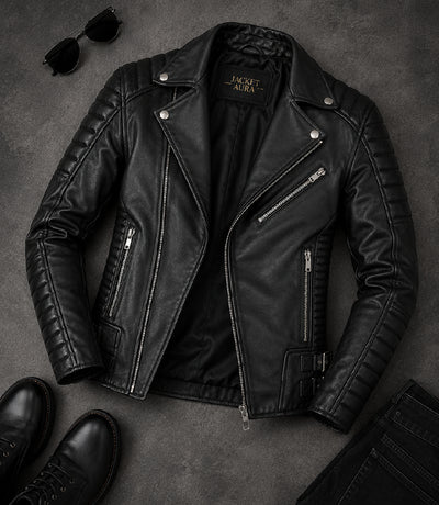Men's Black Quilted Leather Biker Jacket Front View - Jacket Aura