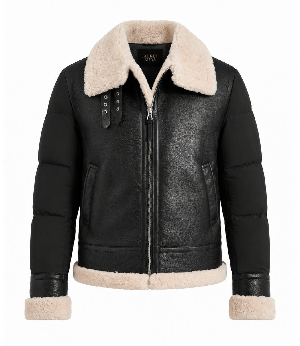 Men's Black Shearling Down Puffer Jacket - Jacket Aura