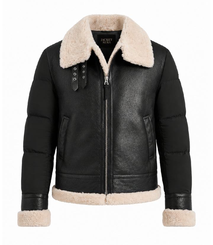 Men's Black Shearling Down Puffer Jacket - Jacket Aura