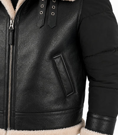 Men's Black Shearling Down Puffer Jacket  Closeup - Jacket Aura