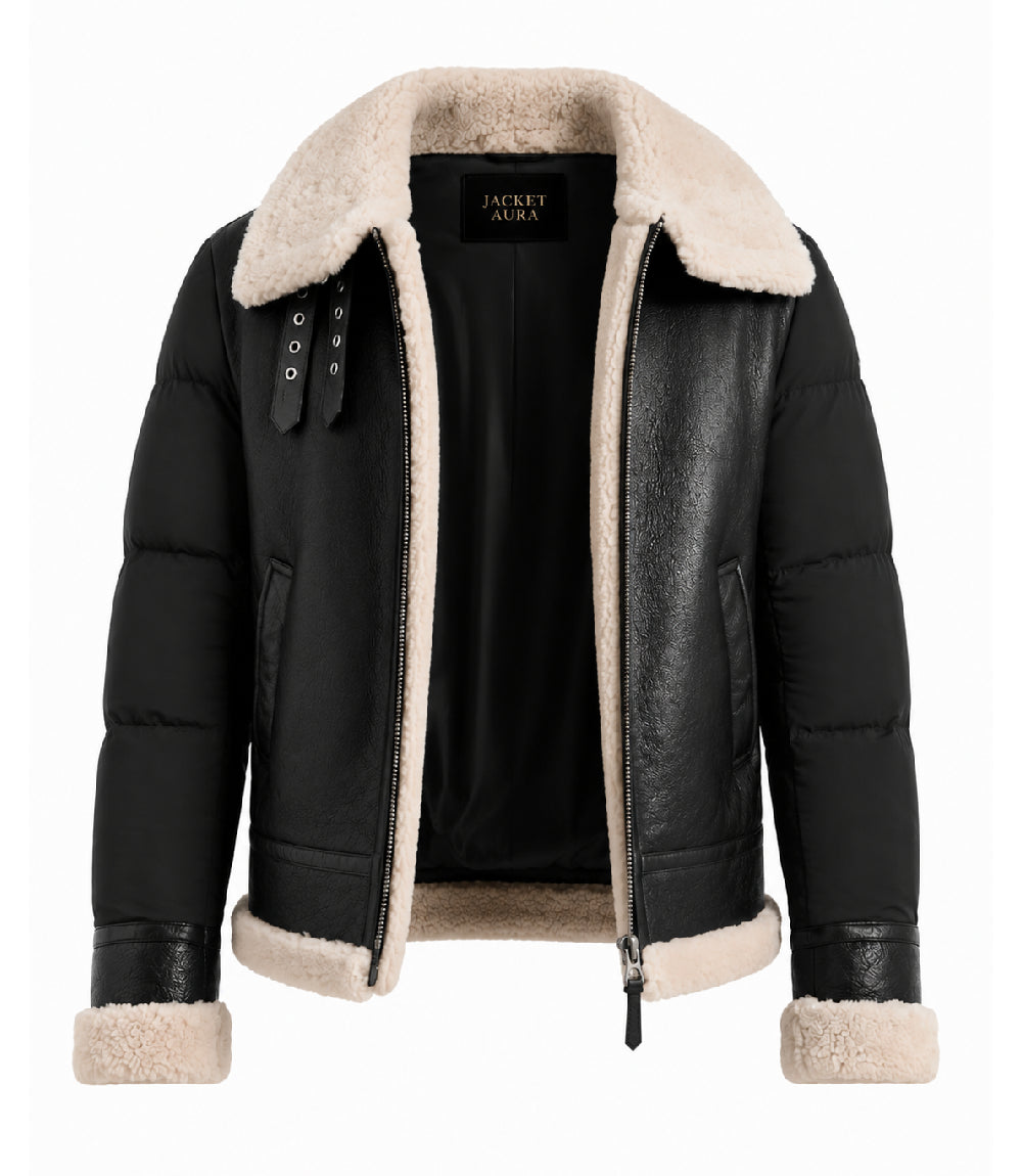 Men's Black Shearling Down Puffer Jacket Front - Jacket Aura