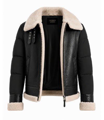 Men's Black Shearling Down Puffer Jacket Front - Jacket Aura