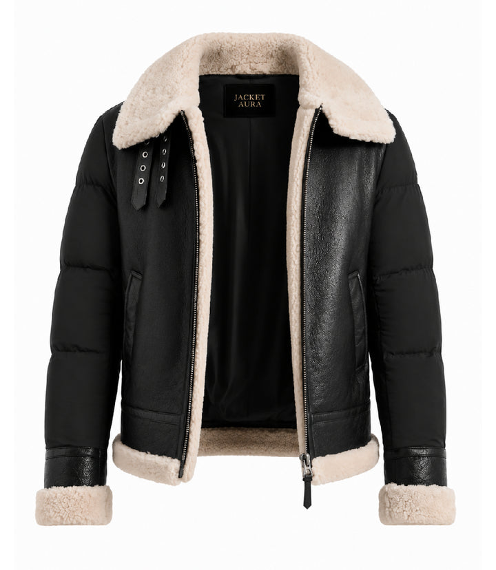 Men's Black Shearling Down Puffer Jacket Front - Jacket Aura