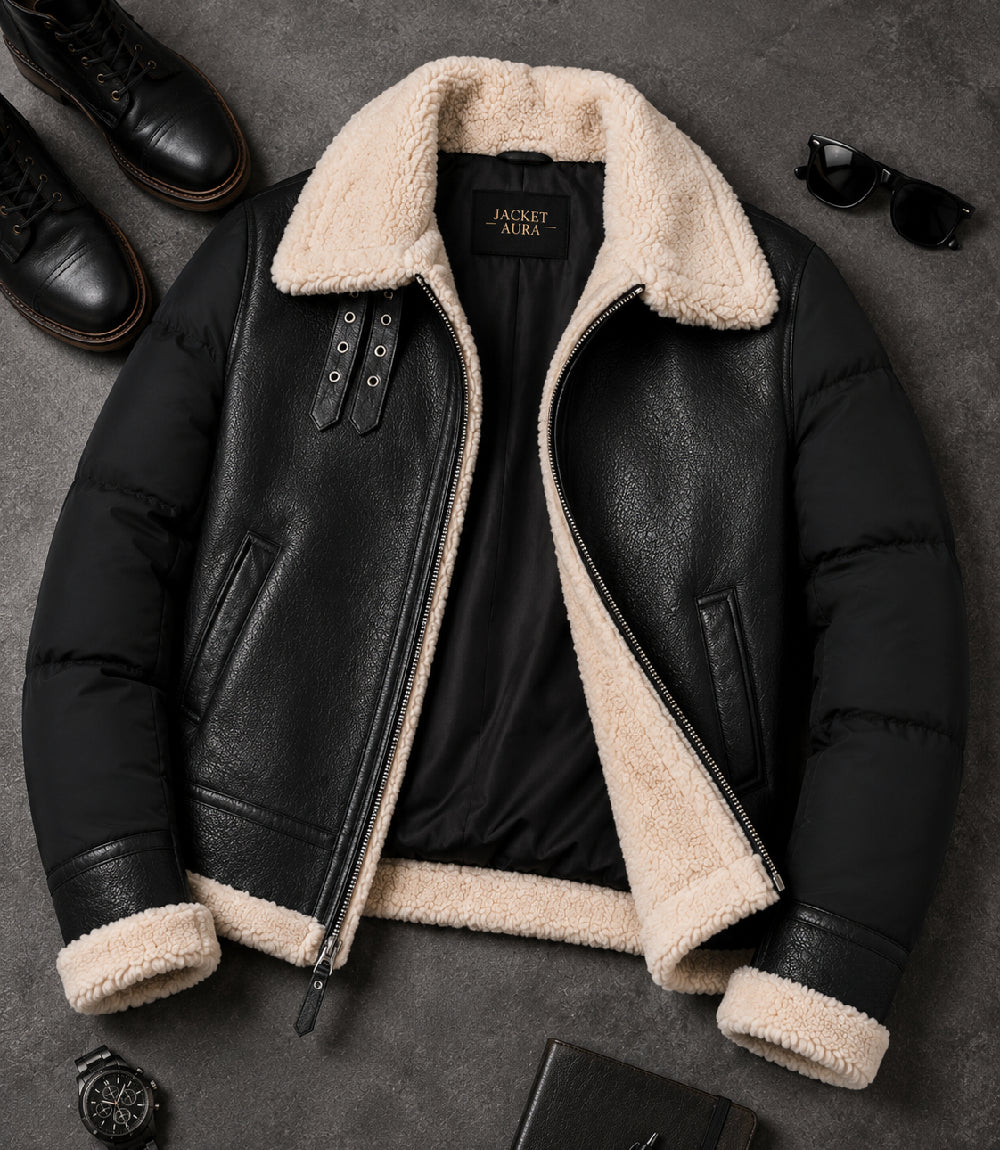 Men's Black Shearling Down Puffer Jacket Front View - Jacket Aura