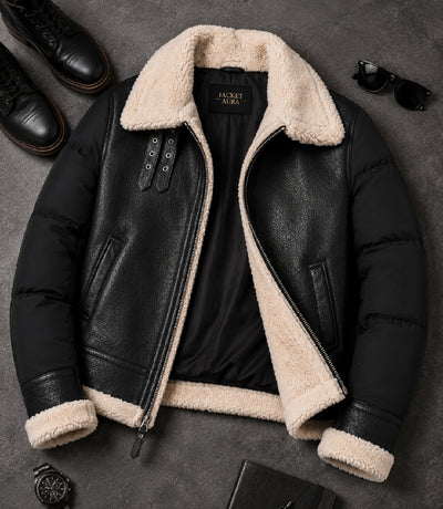 Men's Black Shearling Down Puffer Jacket Front View - Jacket Aura
