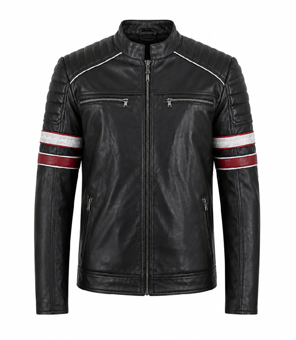 Men's Black and Red Quilted Biker Jacket - Jacket Aura